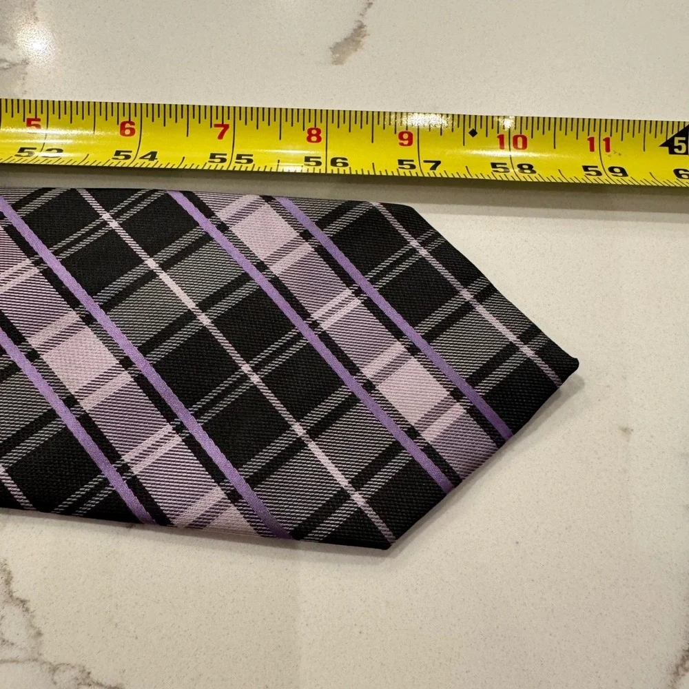 Bergamo New York Mens Plaid Necktie Purple Black Grey Hand Made Polyester Tie